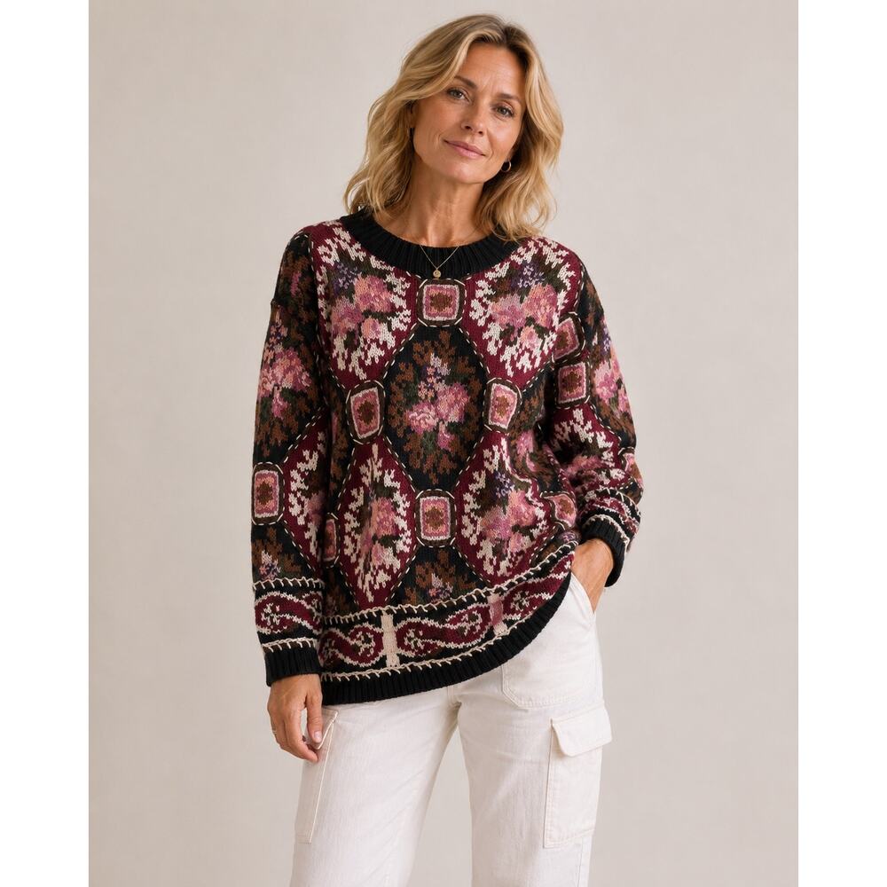 Express‎ Tricot Vintage Sweater Floral Patchwork Cottage Chunky Womens Medium